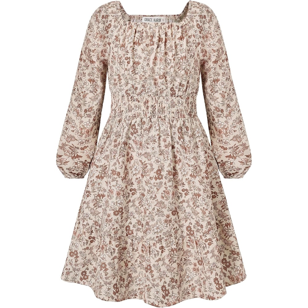 image:imageGRACE KARIN Girls Fall Dress Floral Long Sleeve Midi Smocked Waist HolidayApricot Caramel Floral