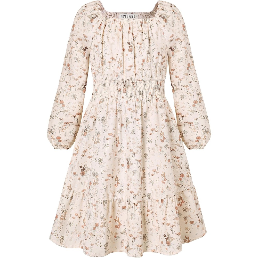 image:imageGRACE KARIN Girls Fall Dress Floral Long Sleeve Midi Smocked Waist HolidayApricot Leaf Floral