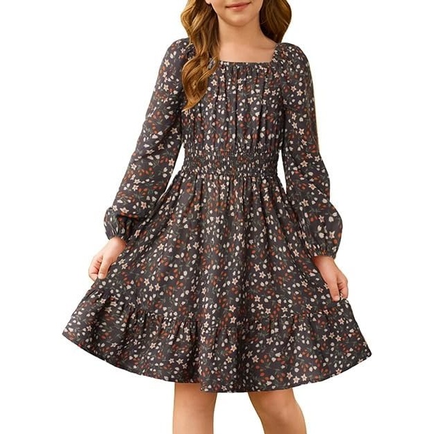 image:imageGRACE KARIN Girls Fall Dress Floral Long Sleeve Midi Smocked Waist HolidayBrown