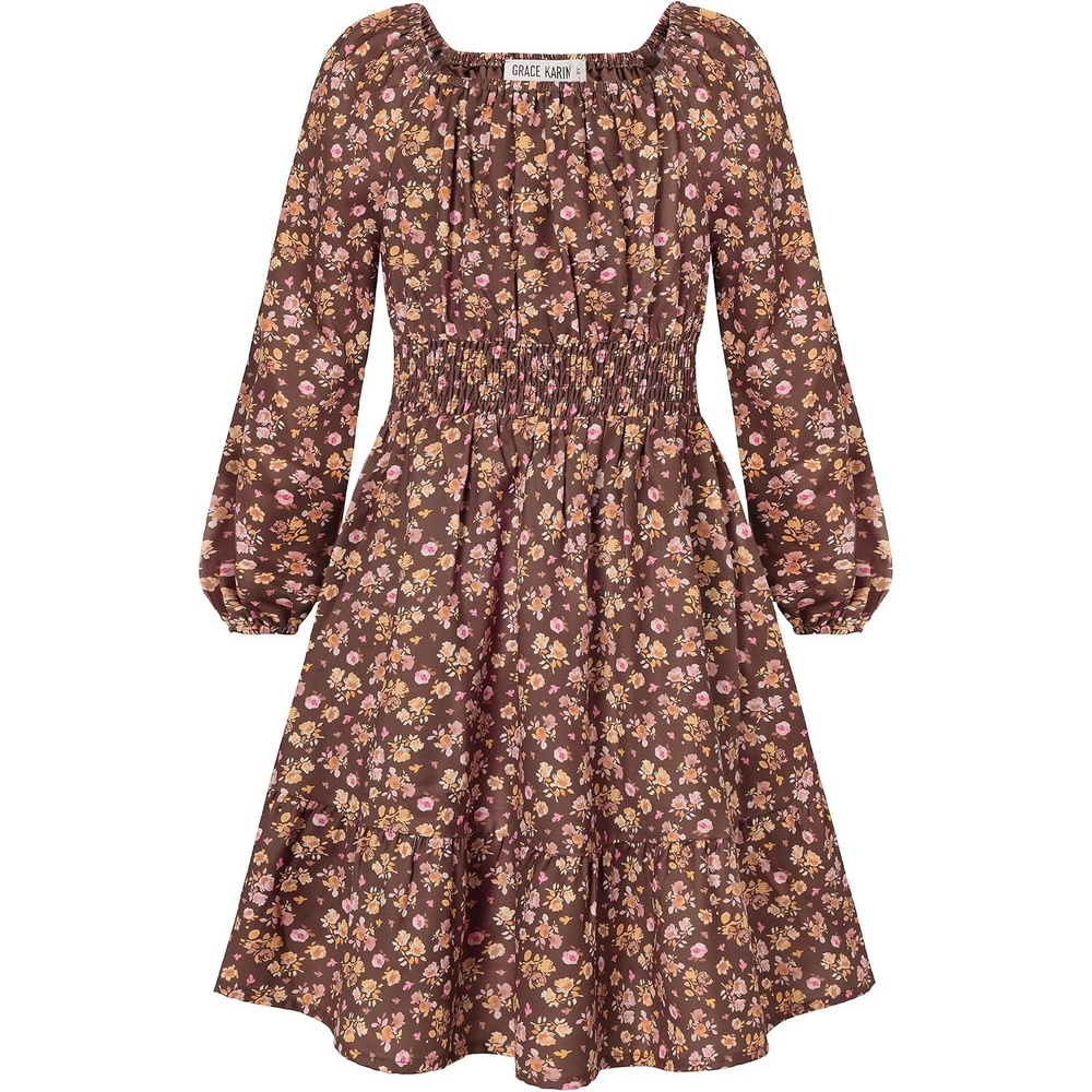 image:imageGRACE KARIN Girls Fall Dress Floral Long Sleeve Midi Smocked Waist HolidayBrown Pink Floral