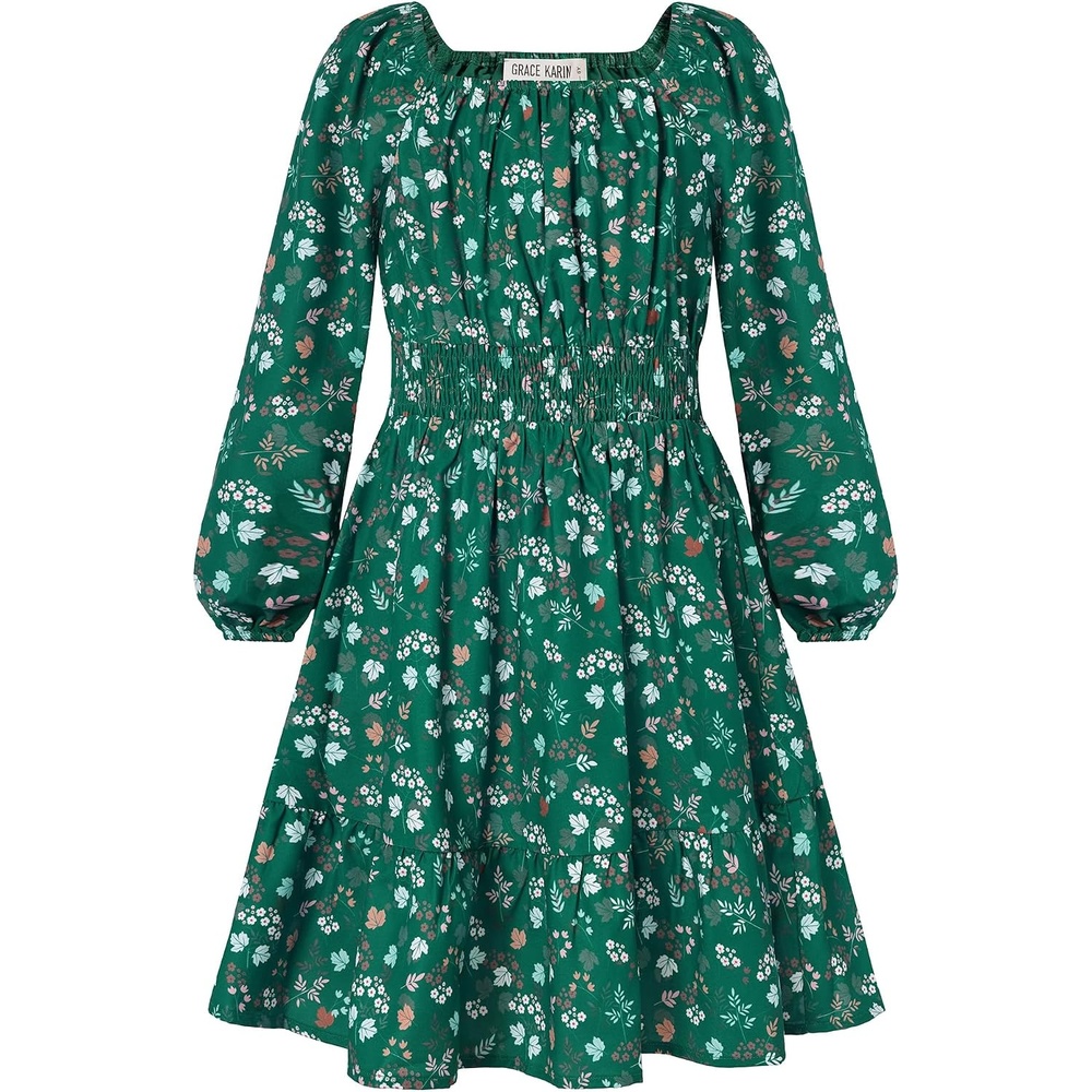 image:imageGRACE KARIN Girls Fall Dress Floral Long Sleeve Midi Smocked Waist HolidayDark Green Leaf Floral