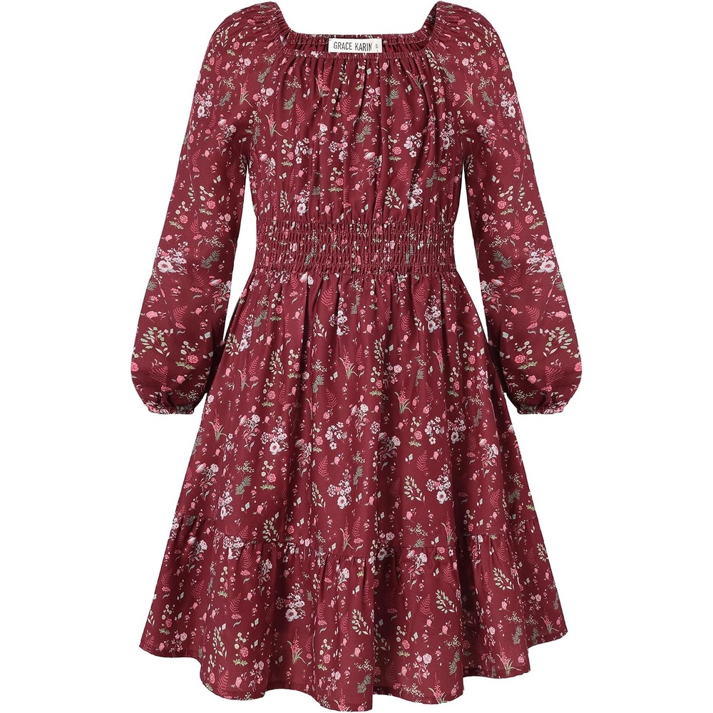 image:imageGRACE KARIN Girls Fall Dress Floral Long Sleeve Midi Smocked Waist HolidayDeep Burgundy