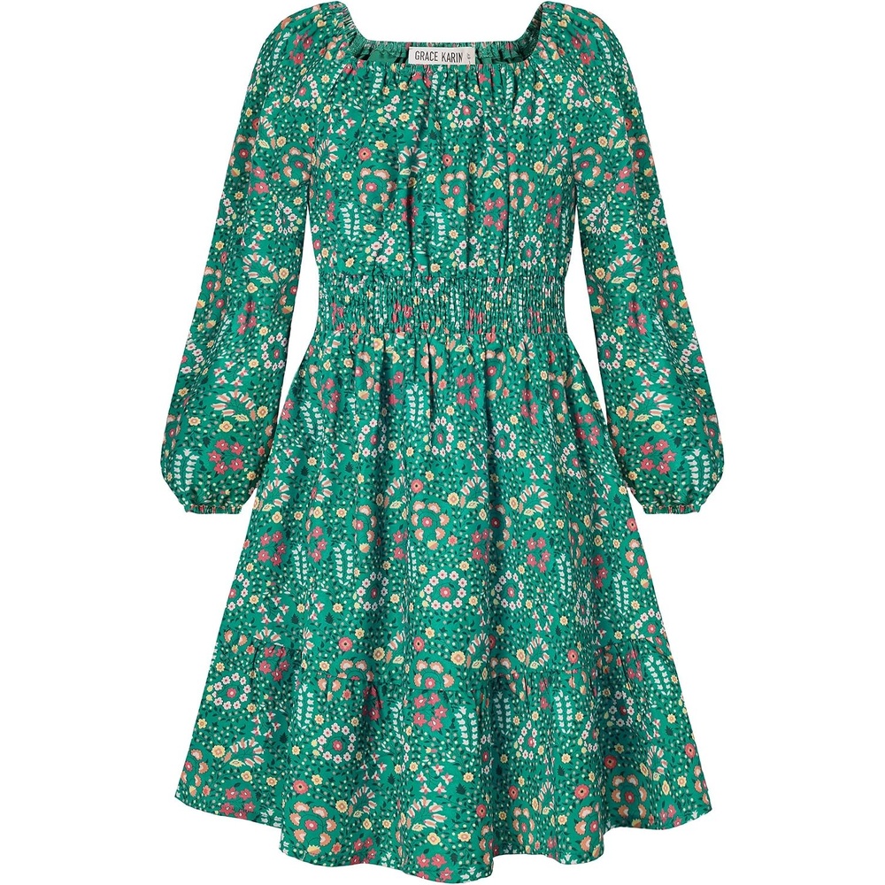image:imageGRACE KARIN Girls Fall Dress Floral Long Sleeve Midi Smocked Waist HolidayGreen Floral