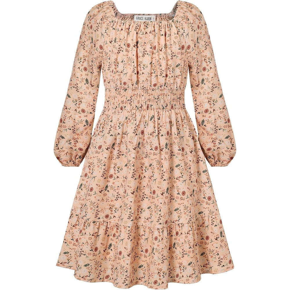 image:imageGRACE KARIN Girls Fall Dress Floral Long Sleeve Midi Smocked Waist HolidayGrey Burnt Orange Floral