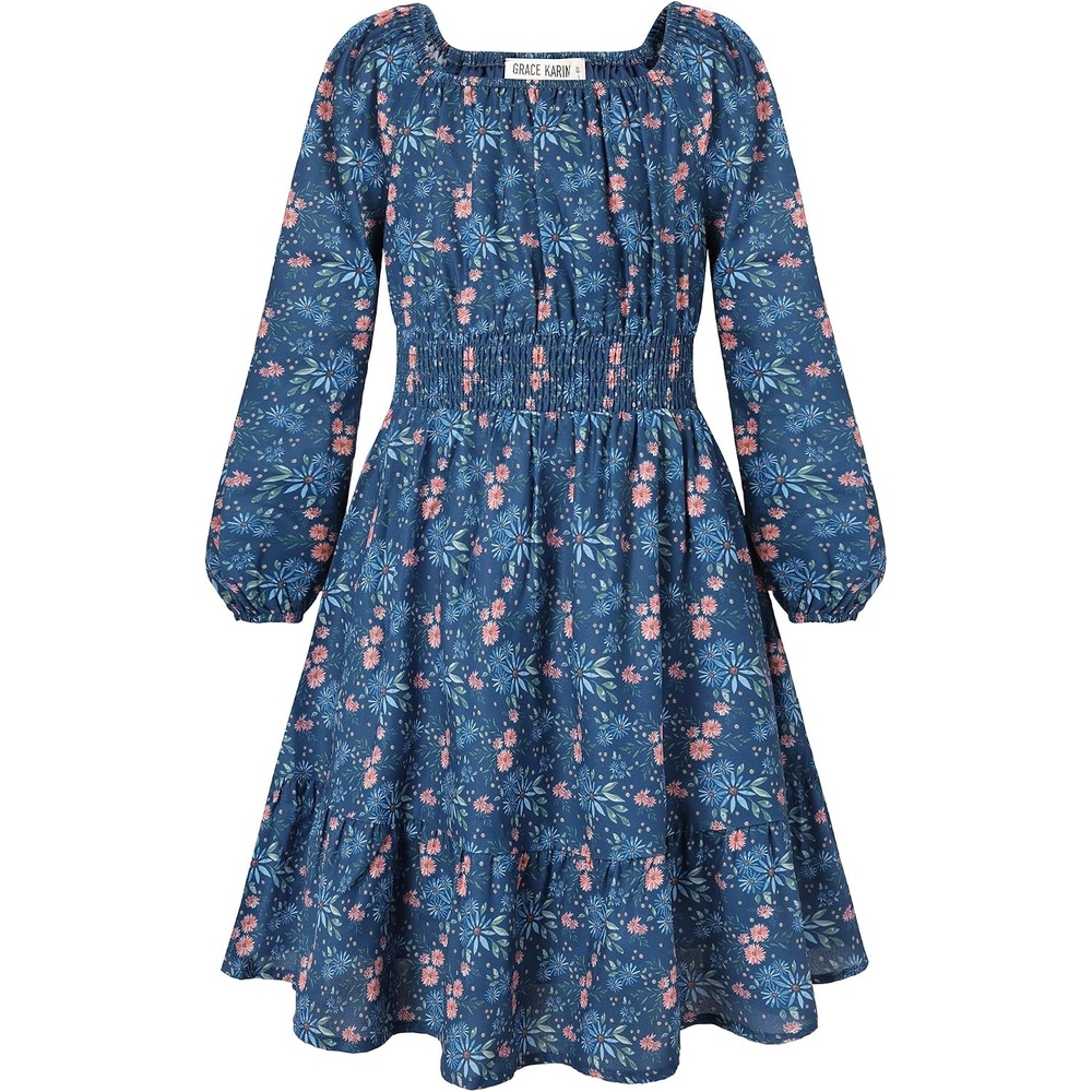 image:imageGRACE KARIN Girls Fall Dress Floral Long Sleeve Midi Smocked Waist HolidayNavy Blue Floral Print