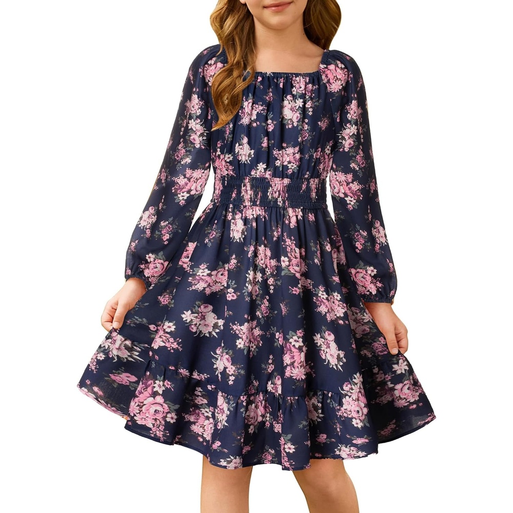 image:imageGRACE KARIN Girls Fall Dress Floral Long Sleeve Midi Smocked Waist HolidayNavy Blue Flower