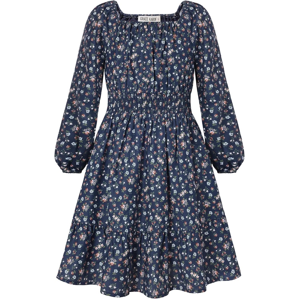 image:imageGRACE KARIN Girls Fall Dress Floral Long Sleeve Midi Smocked Waist HolidayNavy Ditsy Floral