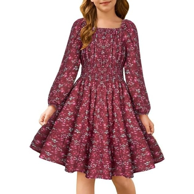 image:imageGRACE KARIN Girls Fall Dress Floral Long Sleeve Midi Smocked Waist HolidayRed Floral Print