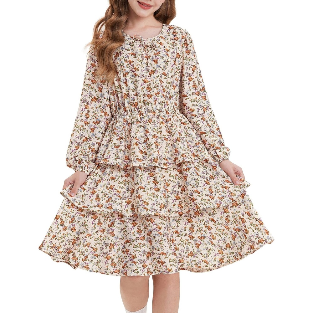 image:imageGRACE KARIN Girls Fall Dress Long Sleeve Floral Casual Party Dresses 614YApricot