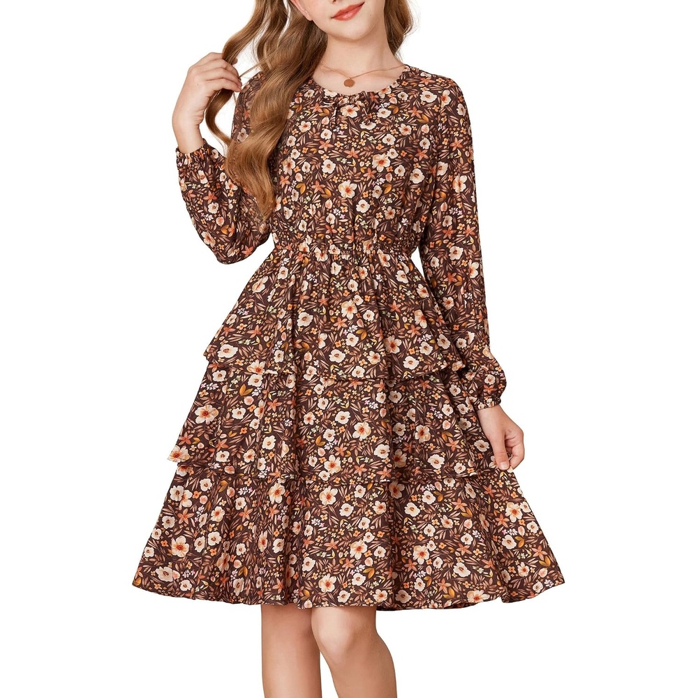 image:imageGRACE KARIN Girls Fall Dress Long Sleeve Floral Casual Party Dresses 614YBrown