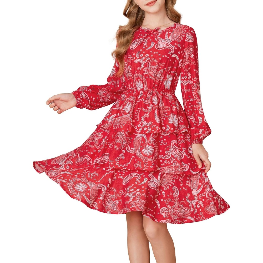 image:imageGRACE KARIN Girls Fall Dress Long Sleeve Floral Casual Party Dresses 614YRed