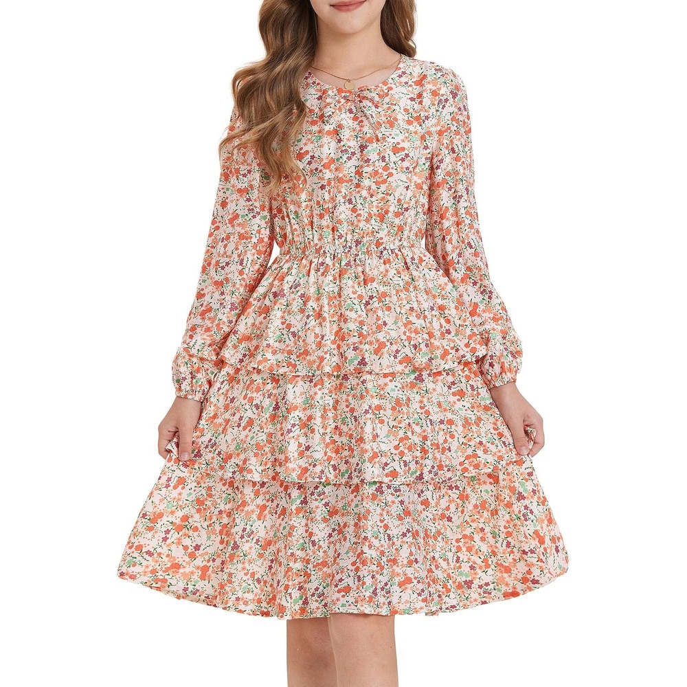 image:imageGRACE KARIN Girls Fall Dress Long Sleeve Floral Casual Party Dresses 614YWhite Orange