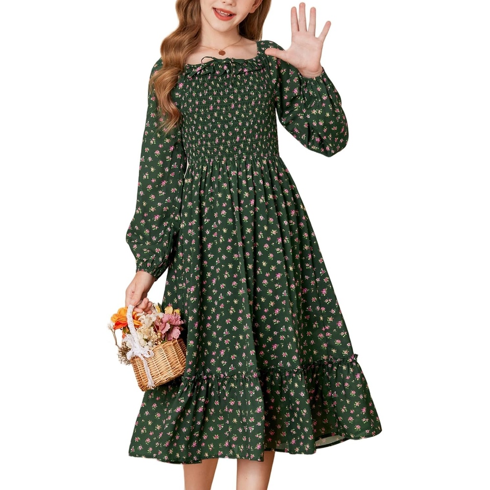 image:imageGRACE KARIN Girls Fall Dress Long Sleeve Floral Maxi Dresses Casual 614YDark Green