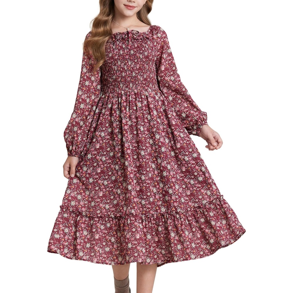 image:imageGRACE KARIN Girls Fall Dress Long Sleeve Floral Maxi Dresses Casual 614YWine Red