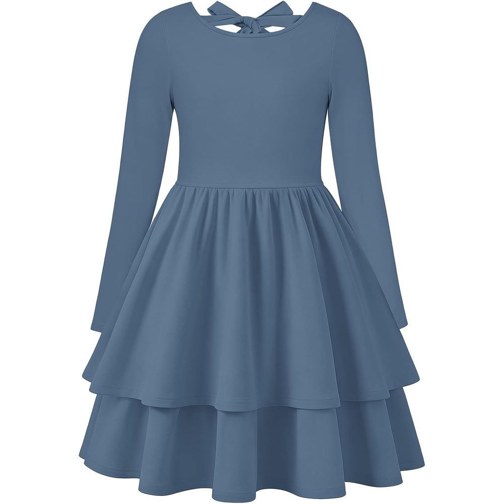 image:imageGRACE KARIN Girls Fall Dress Long Sleeve Tie Back Pockets School Party 714Gray Blue