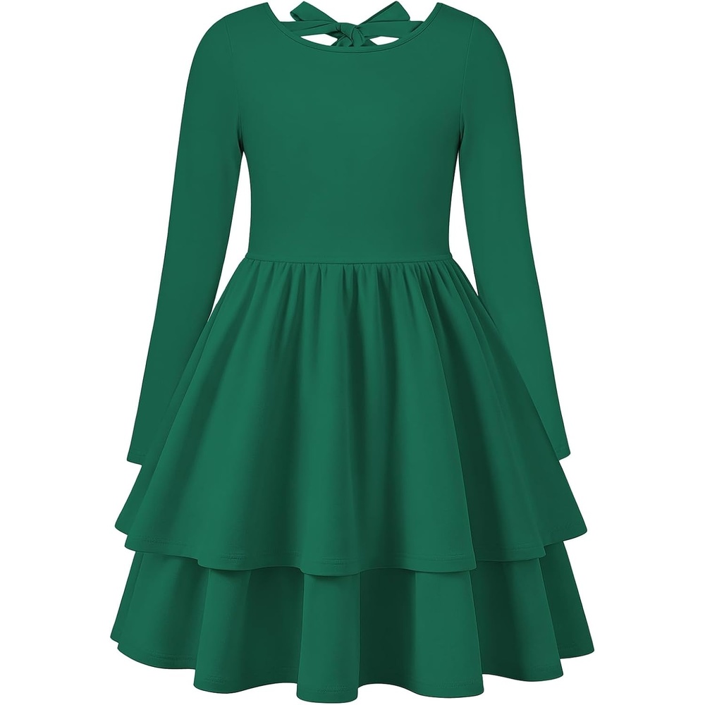 image:imageGRACE KARIN Girls Fall Dress Long Sleeve Tie Back Pockets School Party 714Green