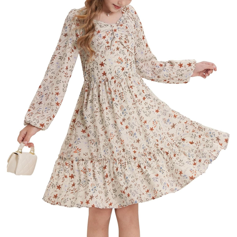 image:imageGRACE KARIN Girls Fall Floral Dress Long Sleeve Smocked Dresses 714 YearsBeige