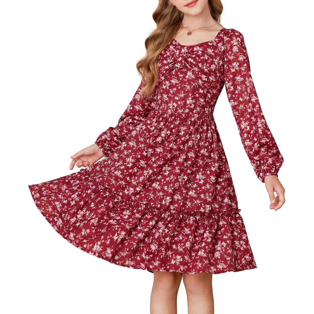 image:imageGRACE KARIN Girls Fall Floral Dress Long Sleeve Smocked Dresses 714 YearsRed