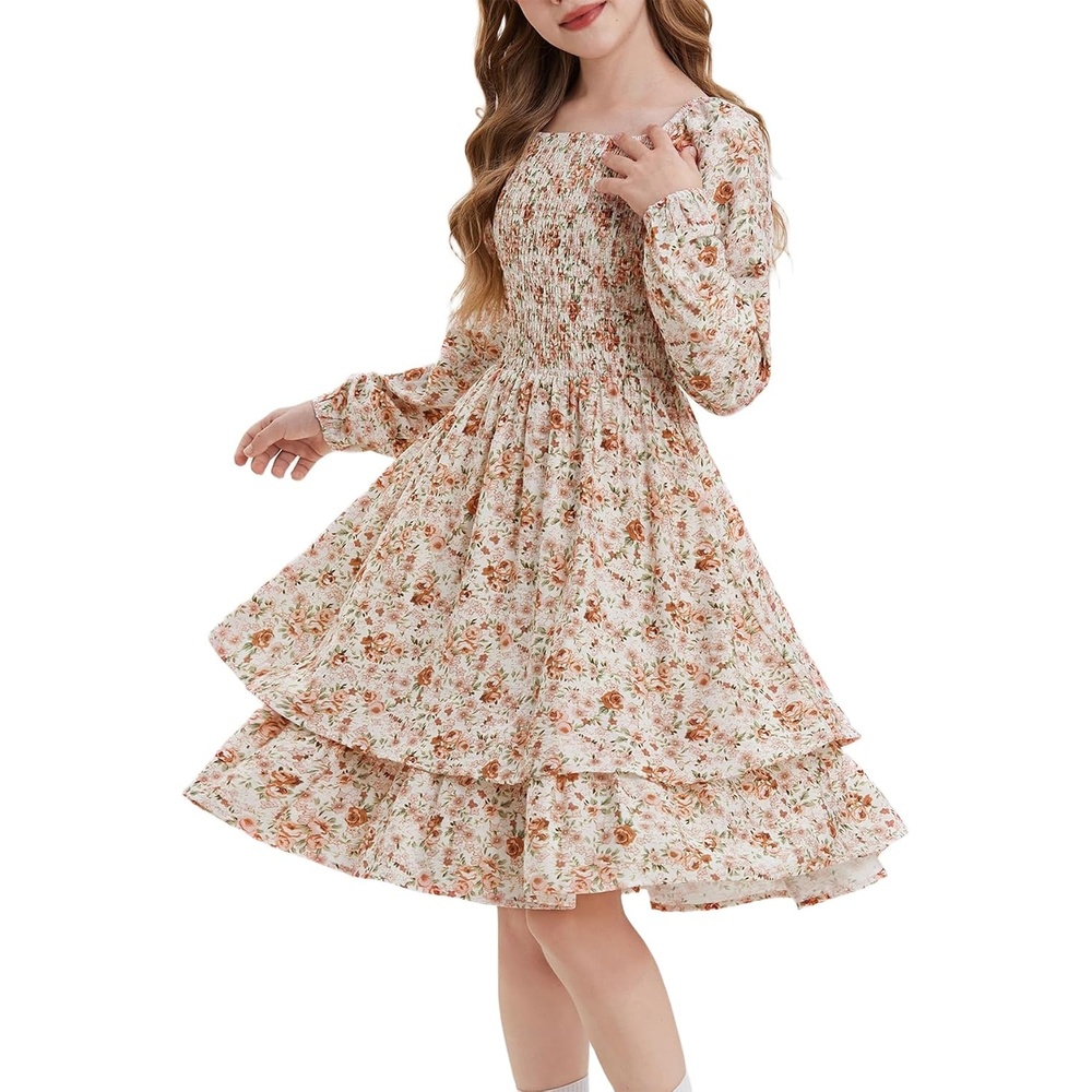 image:imageGRACE KARIN Girls Fall Floral Long Sleeve Casual Tiered Flowy Dresses 714Beige Brown Floral
