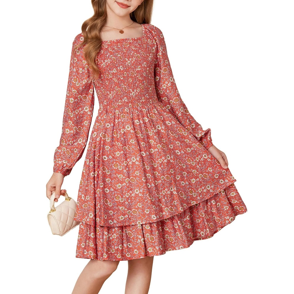 image:imageGRACE KARIN Girls Fall Floral Long Sleeve Casual Tiered Flowy Dresses 714Orange Red Floral