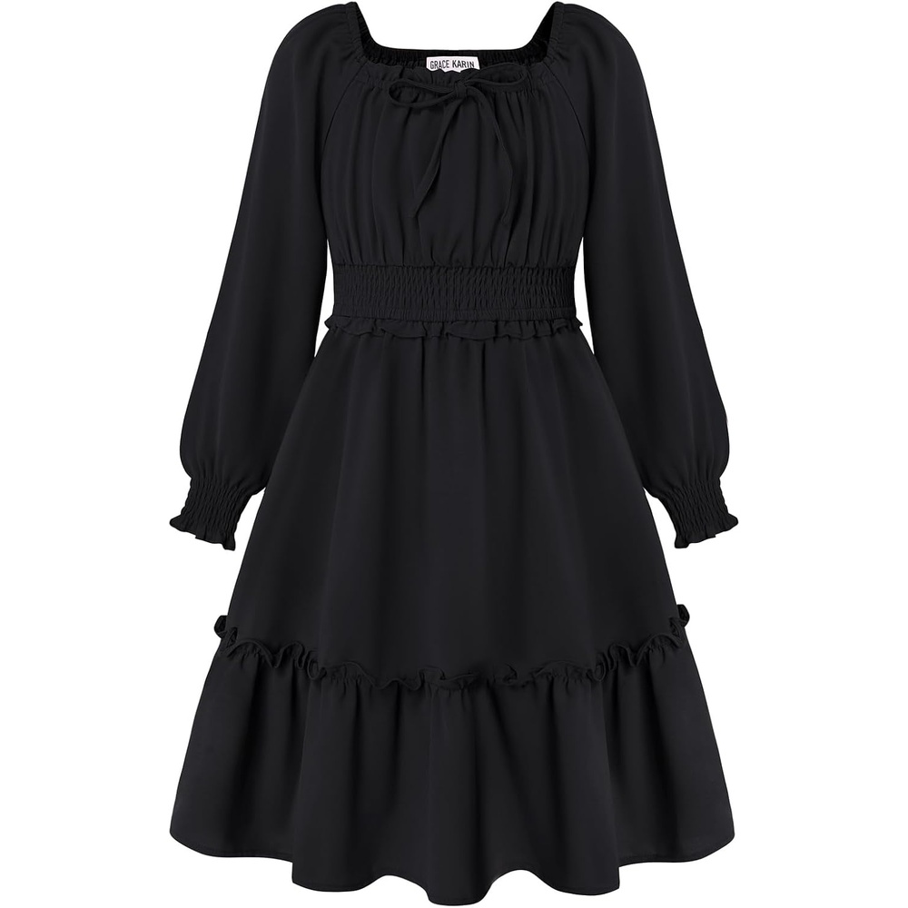 image:imageGRACE KARIN Girls Fall Long Sleeve Casual Ruffle Smocked Dresses Size 714Black