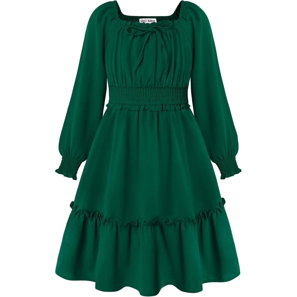 image:imageGRACE KARIN Girls Fall Long Sleeve Casual Ruffle Smocked Dresses Size 714Dark Green