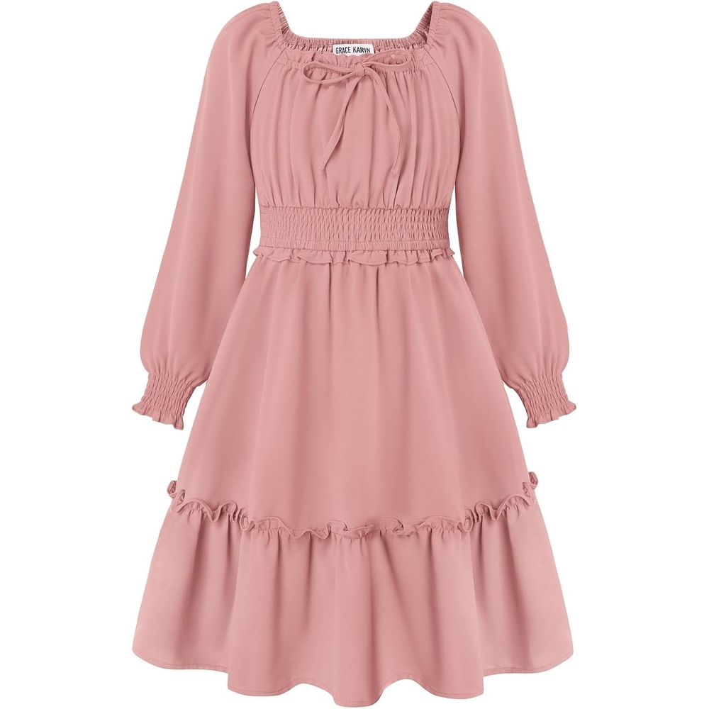 image:imageGRACE KARIN Girls Fall Long Sleeve Casual Ruffle Smocked Dresses Size 714Gray Pink