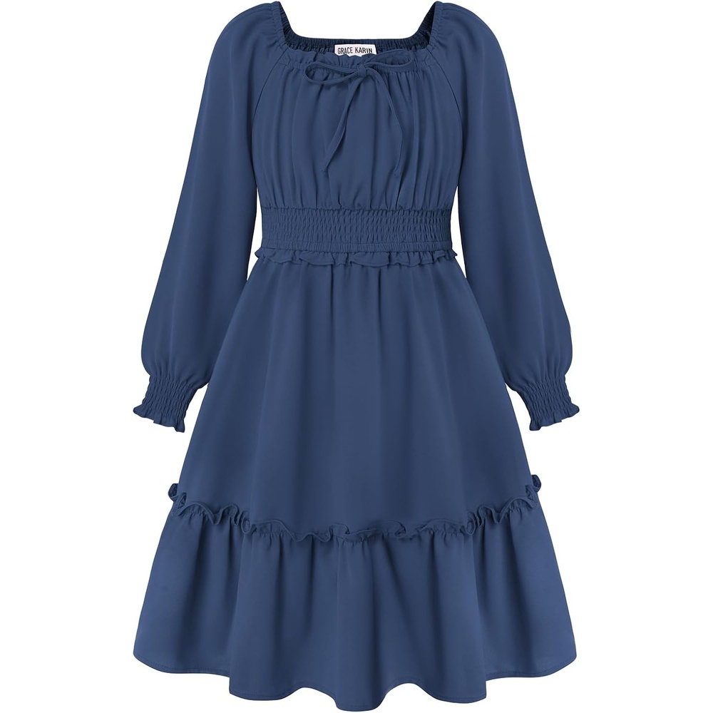 image:imageGRACE KARIN Girls Fall Long Sleeve Casual Ruffle Smocked Dresses Size 714Navy Blue