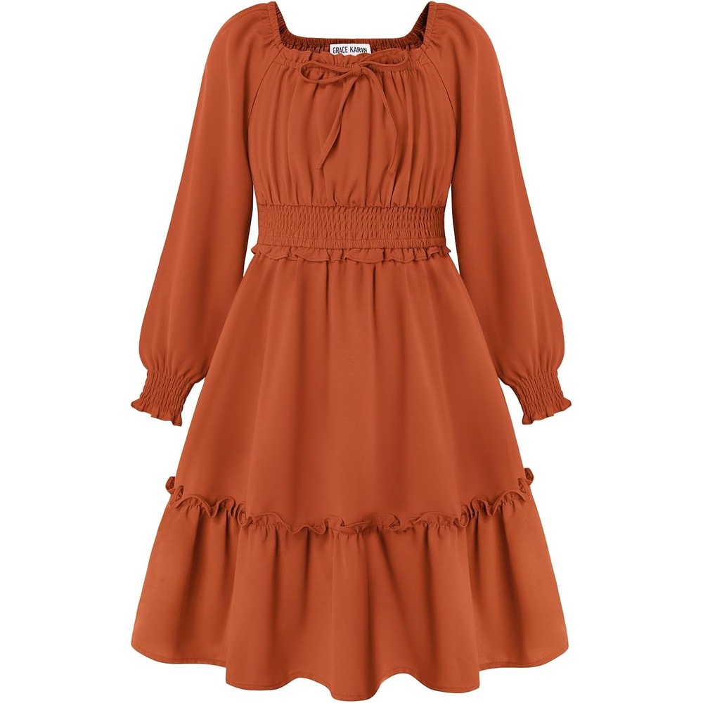 image:imageGRACE KARIN Girls Fall Long Sleeve Casual Ruffle Smocked Dresses Size 714Pumpkin Orange
