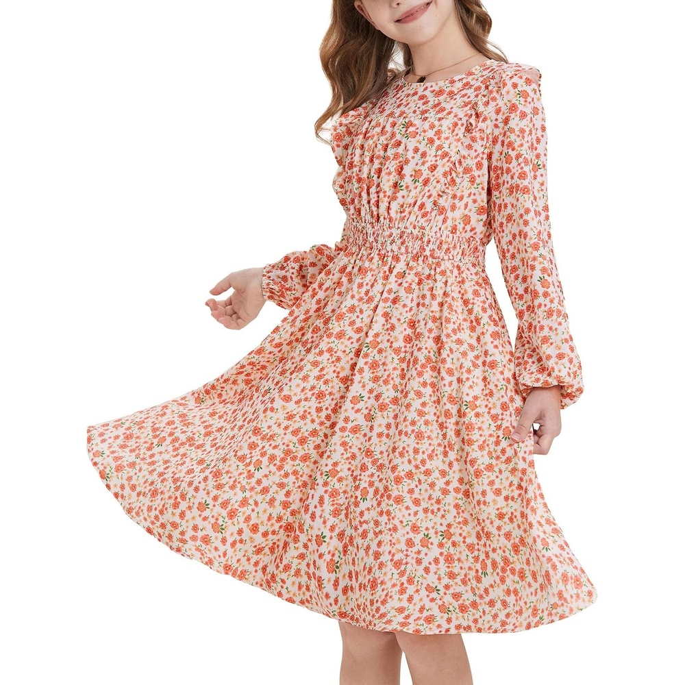 image:imageGRACE KARIN Girls Fall Long Sleeve Dress Floral Ruffle Dresses Size 714Light Orange Floral