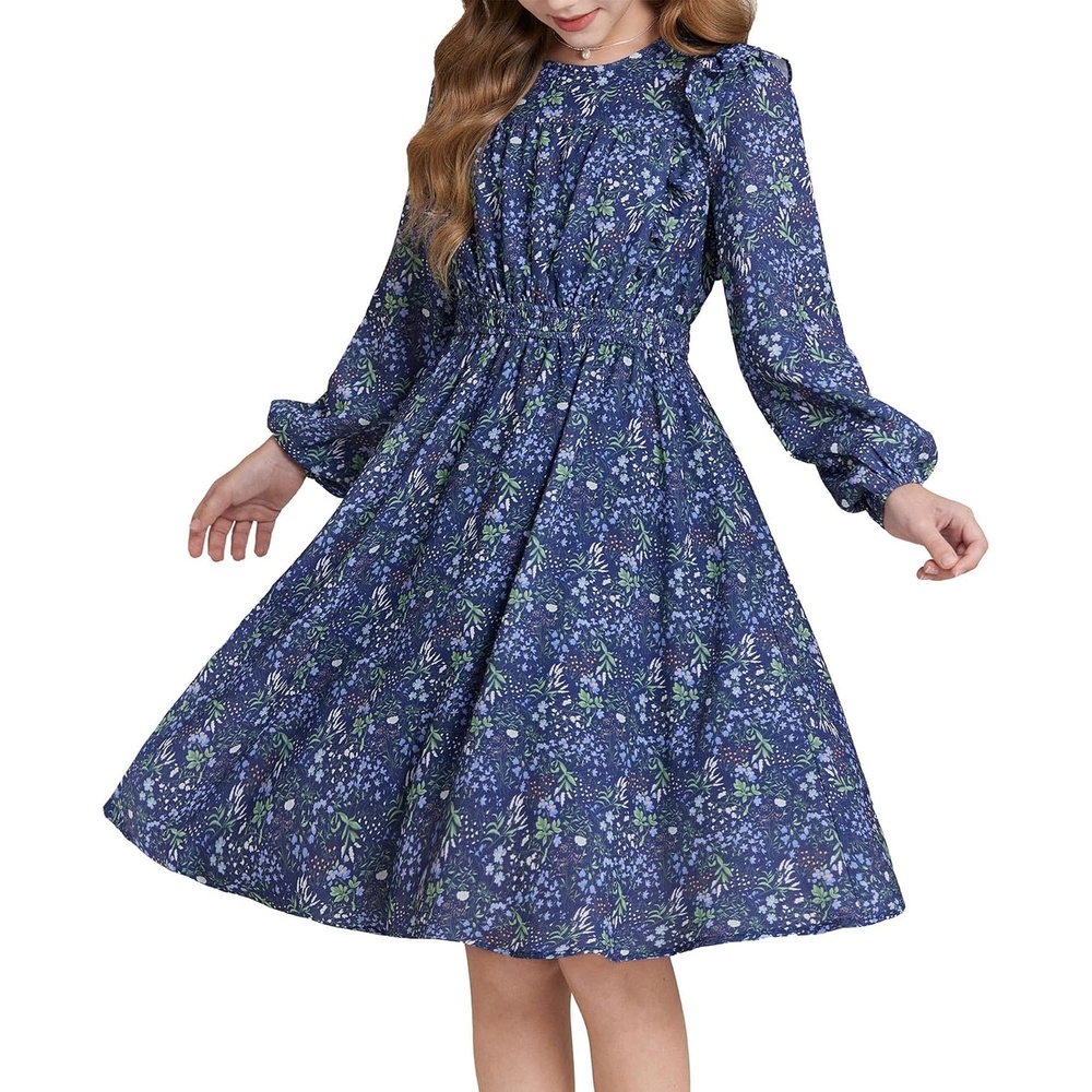 image:imageGRACE KARIN Girls Fall Long Sleeve Dress Floral Ruffle Dresses Size 714Navy Blue Floral