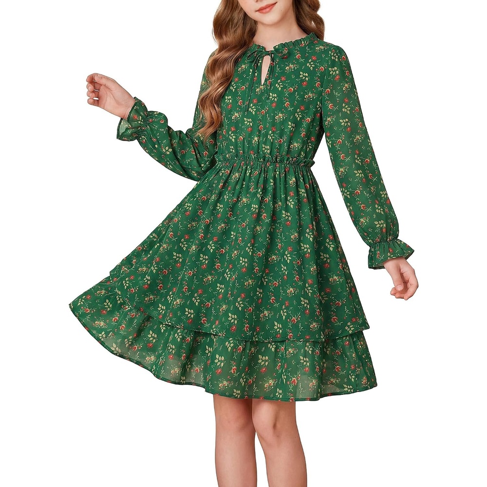 image:imageGRACE KARIN Girls Fall Long Sleeve Floral Casual Tie Neck Dresses Size 714Dark Green