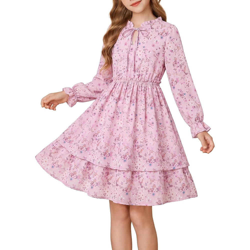 image:imageGRACE KARIN Girls Fall Long Sleeve Floral Casual Tie Neck Dresses Size 714Gray Pink Floral