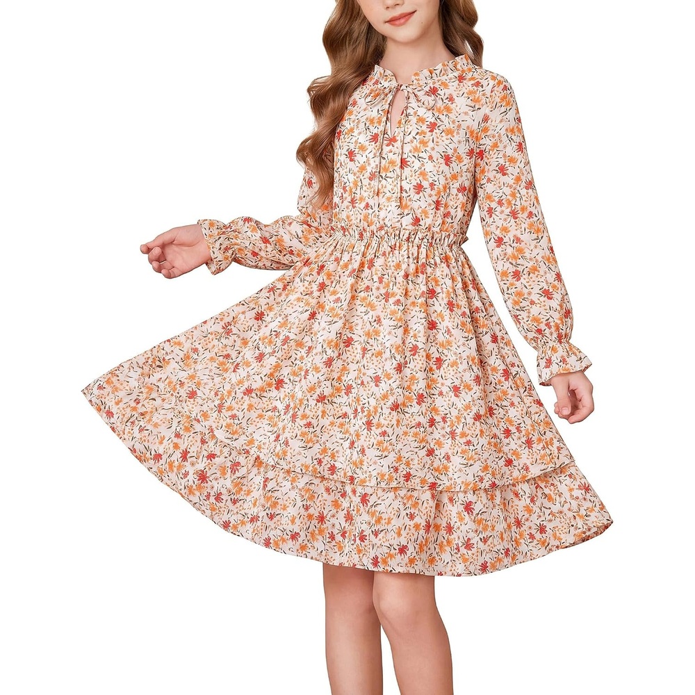 image:imageGRACE KARIN Girls Fall Long Sleeve Floral Casual Tie Neck Dresses Size 714Orange Floral