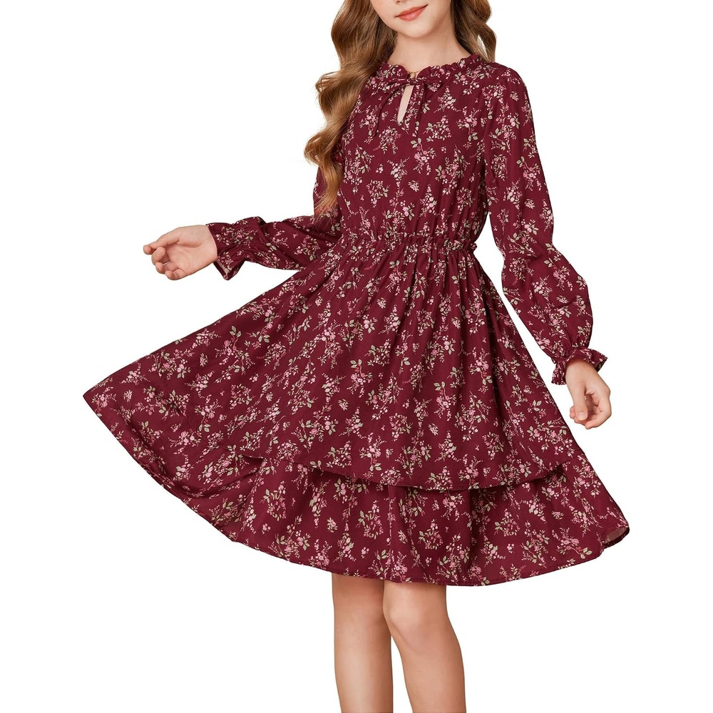 image:imageGRACE KARIN Girls Fall Long Sleeve Floral Casual Tie Neck Dresses Size 714Wine Red