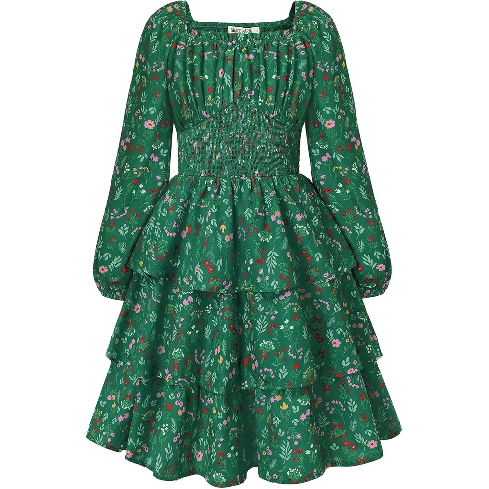 image:imageGRACE KARIN Girls Fall Long Sleeve Floral Christmas Cute Shirred Dress 716Green Flower