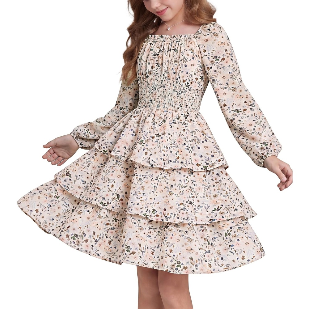 image:imageGRACE KARIN Girls Fall Long Sleeve Floral Christmas Cute Shirred Dress 716Khaki Flower