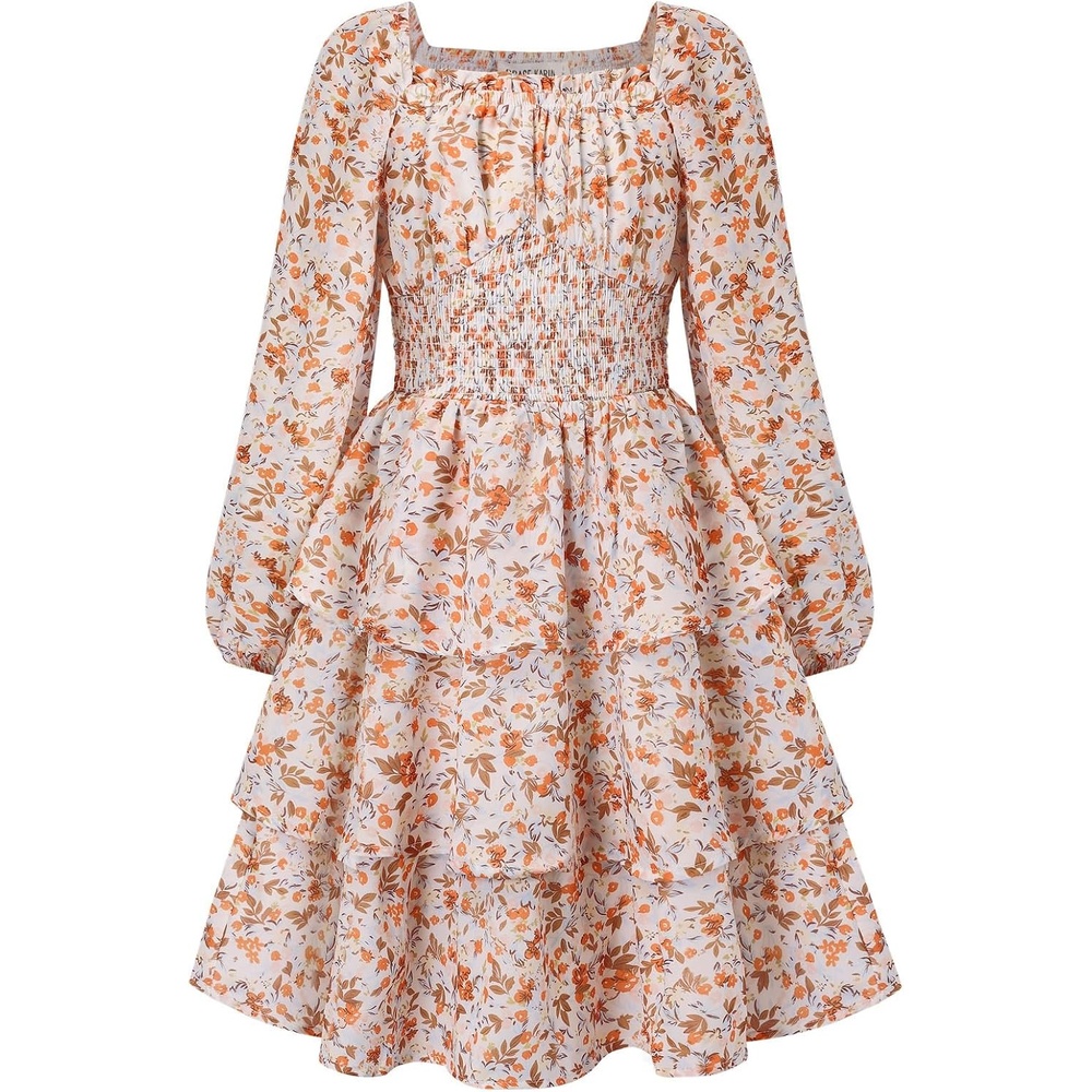 image:imageGRACE KARIN Girls Fall Long Sleeve Floral Christmas Cute Shirred Dress 716Orangebrown Flowers