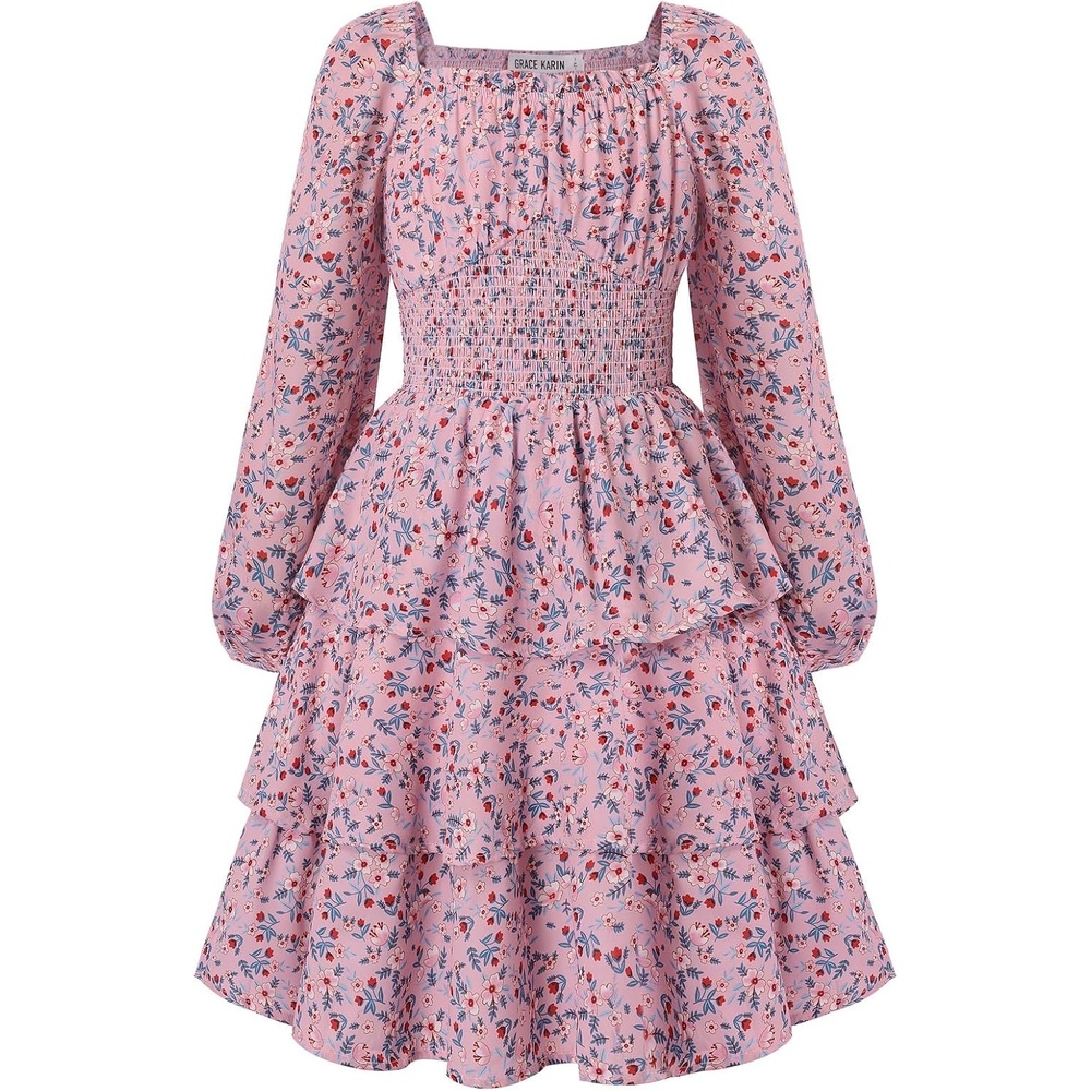 image:imageGRACE KARIN Girls Fall Long Sleeve Floral Christmas Cute Shirred Dress 716Pink Blue Flowers