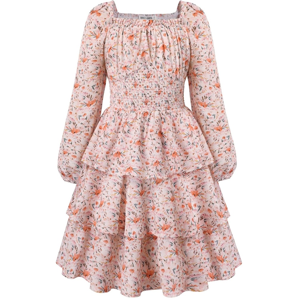 image:imageGRACE KARIN Girls Fall Long Sleeve Floral Christmas Cute Shirred Dress 716Pink Orange Flowers