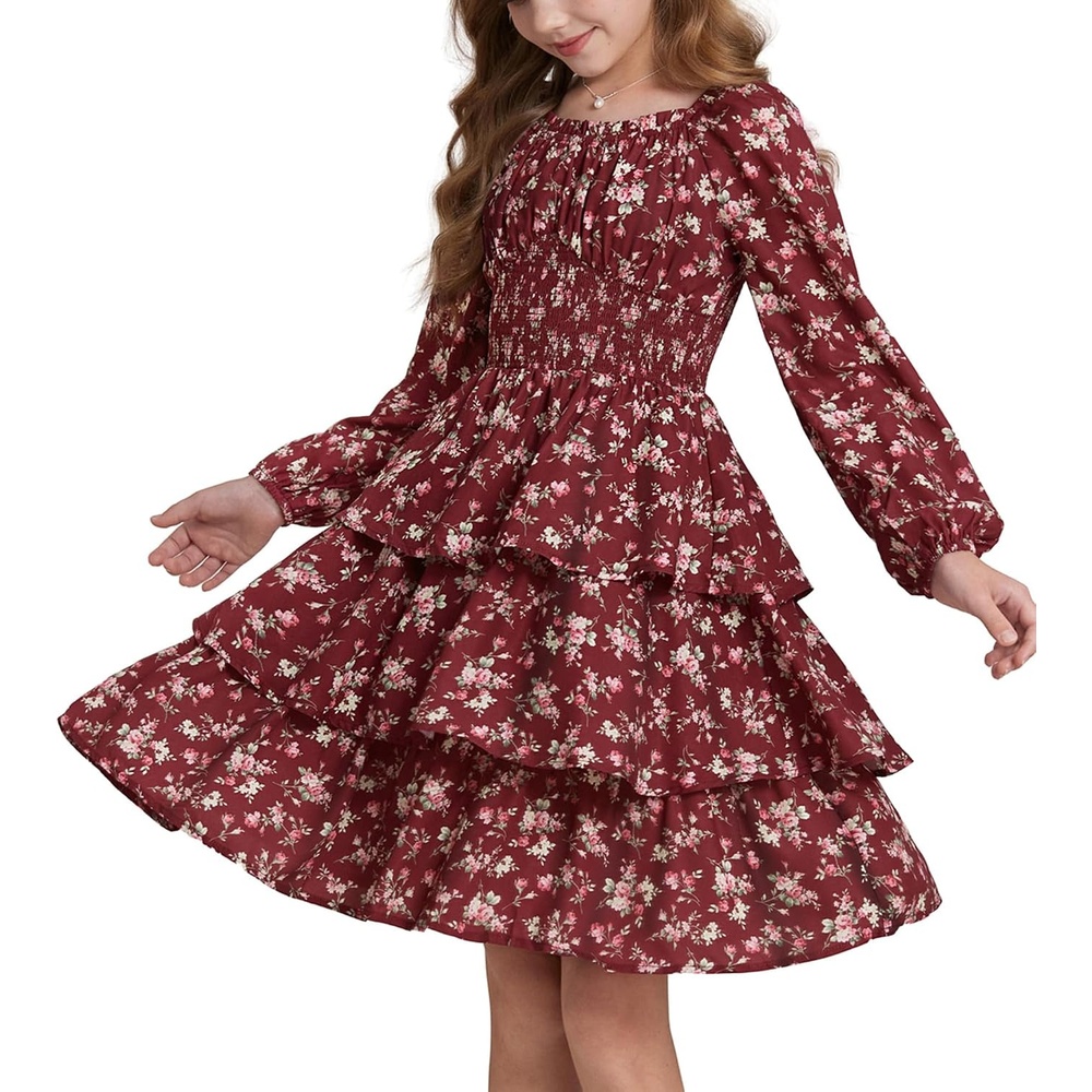 image:imageGRACE KARIN Girls Fall Long Sleeve Floral Christmas Cute Shirred Dress 716Winered Flowers