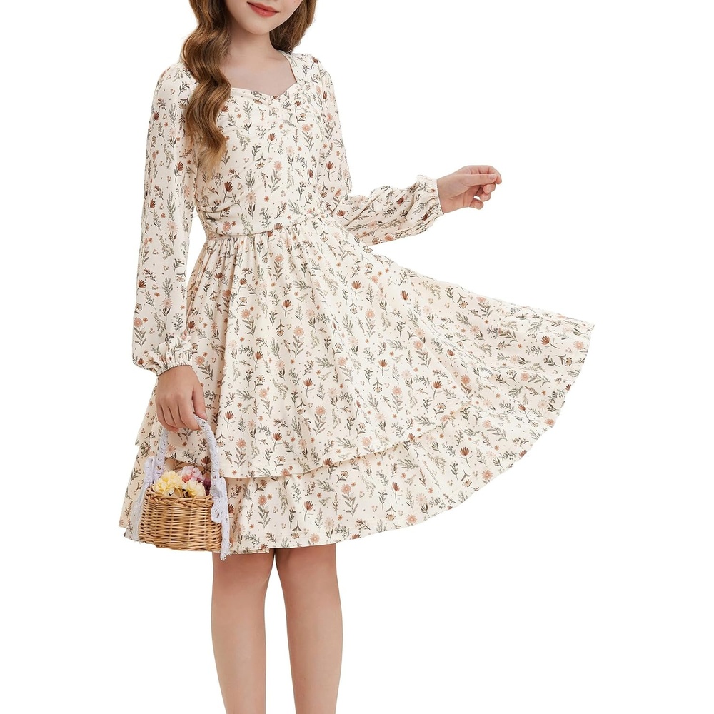 image:imageGRACE KARIN Girls Fall Long Sleeve Floral Tiered Casual Flowy Dresses 714Apricot Floral