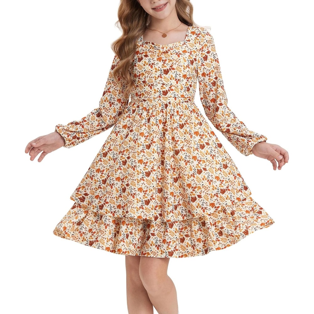 image:imageGRACE KARIN Girls Fall Long Sleeve Floral Tiered Casual Flowy Dresses 714Brown Floral