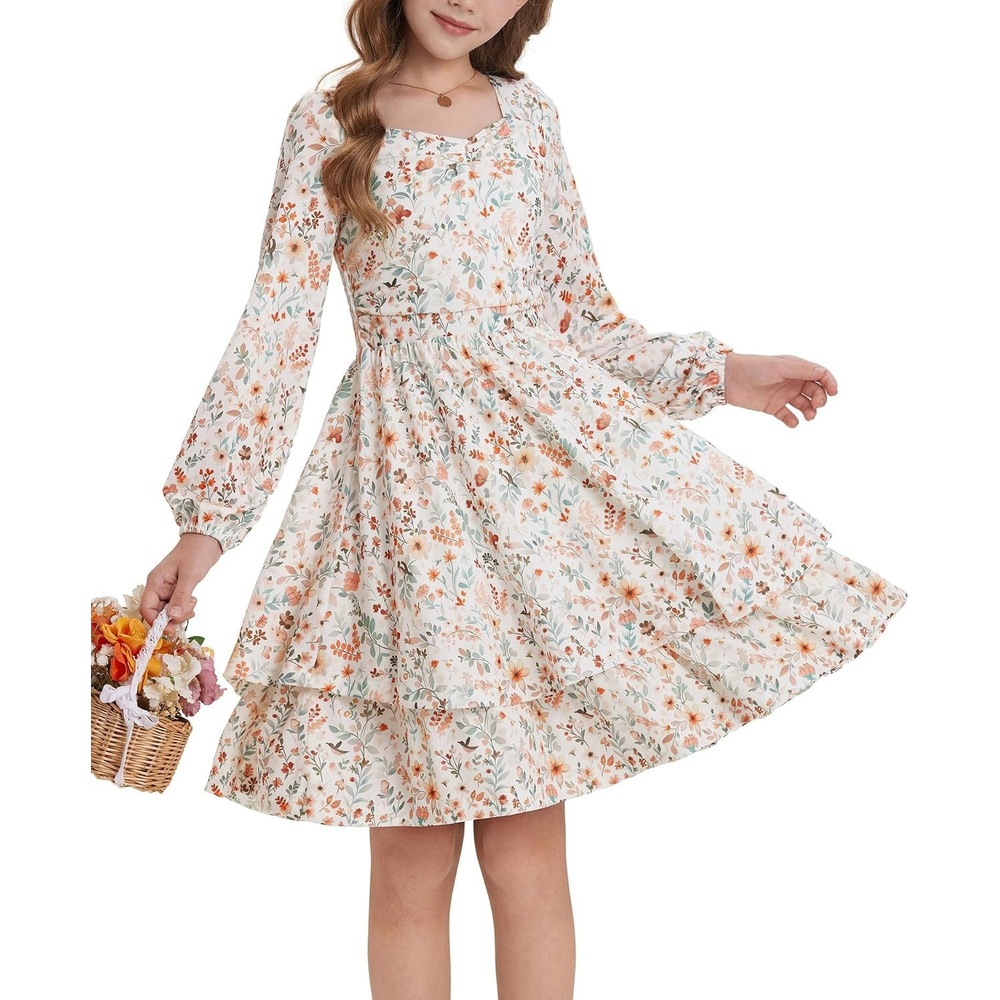 image:imageGRACE KARIN Girls Fall Long Sleeve Floral Tiered Casual Flowy Dresses 714Pink Orange Floral