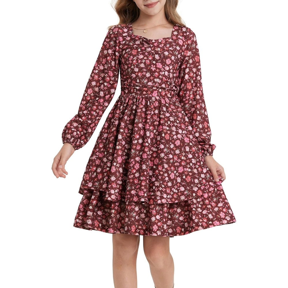 image:imageGRACE KARIN Girls Fall Long Sleeve Floral Tiered Casual Flowy Dresses 714Wine Red Floral