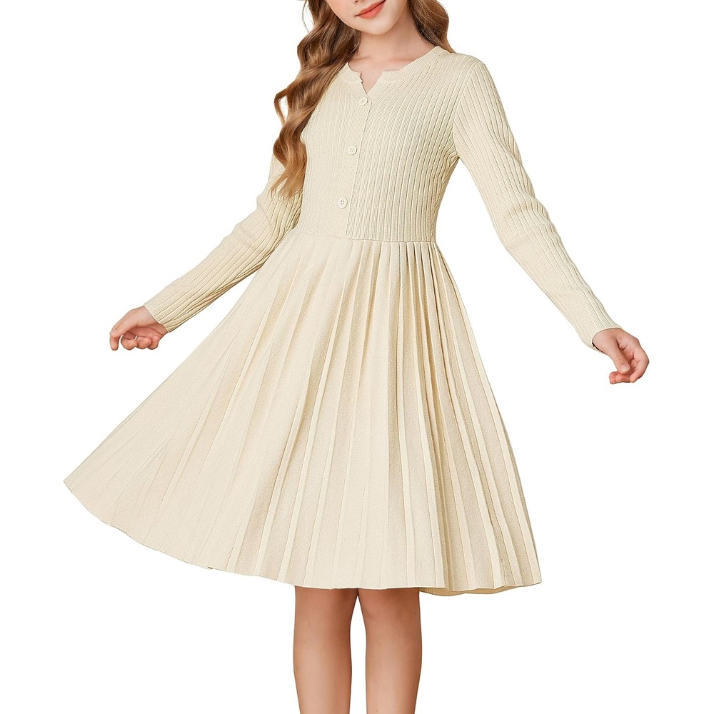 image:imageGRACE KARIN Girls Fall Winter Long Sleeve Sweater Casual Button Dress 714Apricot