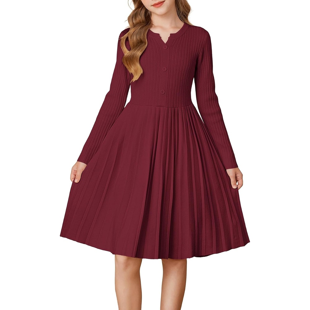 image:imageGRACE KARIN Girls Fall Winter Long Sleeve Sweater Casual Button Dress 714Wine Red