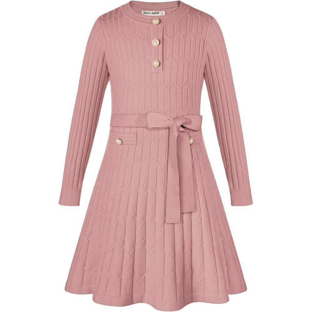 image:imageGRACE KARIN Girls Fall Winter Sweater Long Sleeve Cable Knit Dresses 614YGray Pink