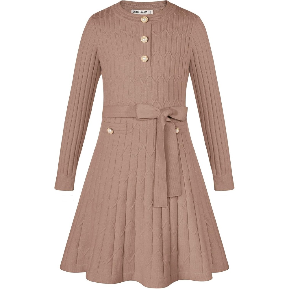 image:imageGRACE KARIN Girls Fall Winter Sweater Long Sleeve Cable Knit Dresses 614YLight Camel