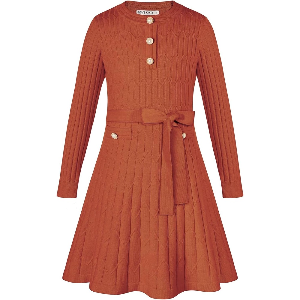 image:imageGRACE KARIN Girls Fall Winter Sweater Long Sleeve Cable Knit Dresses 614YPumpkin Orange